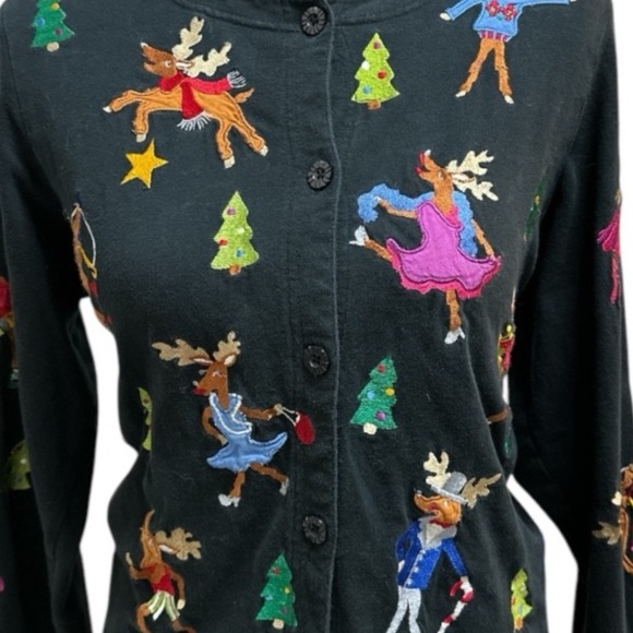 Michael Simon Lite Black Reindeer Tacky Christmas Button Cardigan Sweater Medium - Picture 7 of 7